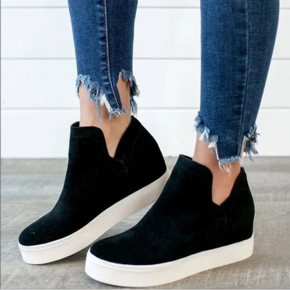 STEVE MADDEN WRANGLE BLACK LEATHER SUEDE WEDGE PLATFORM SNEAKER BOOTIES
